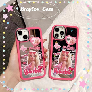 🌷Braylon🌷จัดส่งภายใน24ชม ขอบเต็ม iphone 11 14 pro max การ์ตูน ขอบสีชมพู Barbie doll พื้นผิวกระจก case for iPhone 12 13