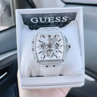 (ผ่อน0%) นาฬิกาชาย Guess Phoenix transparent Watch 43 มม สายซิลิโคนใส หน้าปัดสีขาว