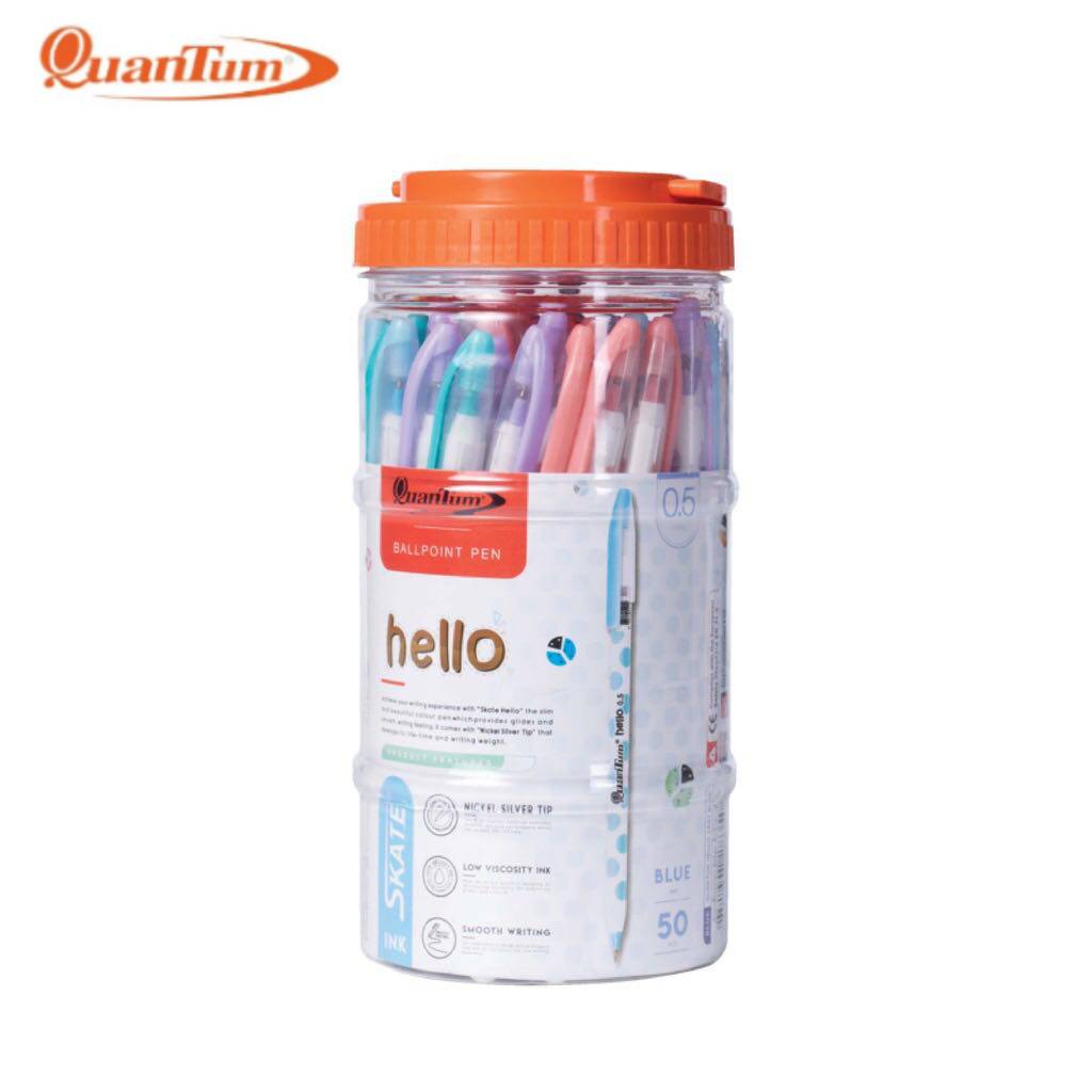 ปากกา-quantum-hello-ปากกาลูกลื่น-หมึกน้ำเงิน-ลายเส้น-0-5-mm-50ด้าม-กระปุก-พร้อมส่ง