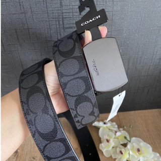 💚แท้💯 พร้อมส่ง💚เข็มขัด PLAQUE BUCKLE CUT-TO-SIZE REVERSIBLE BELT, 38MM (COACH 91286) QB/BLACK/CHARCOAL