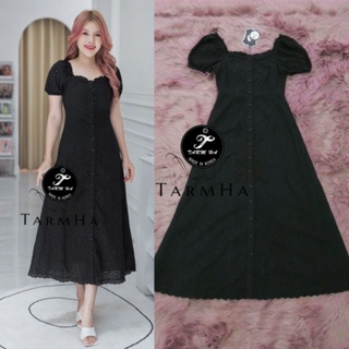 เดรสดำออกงาน!!! S-6XL Maxi Dress เดรสสีดำผ้าฉลุลายกระดุมหน้าแขนตุ๊กตา งานป้าย Tarm Ha