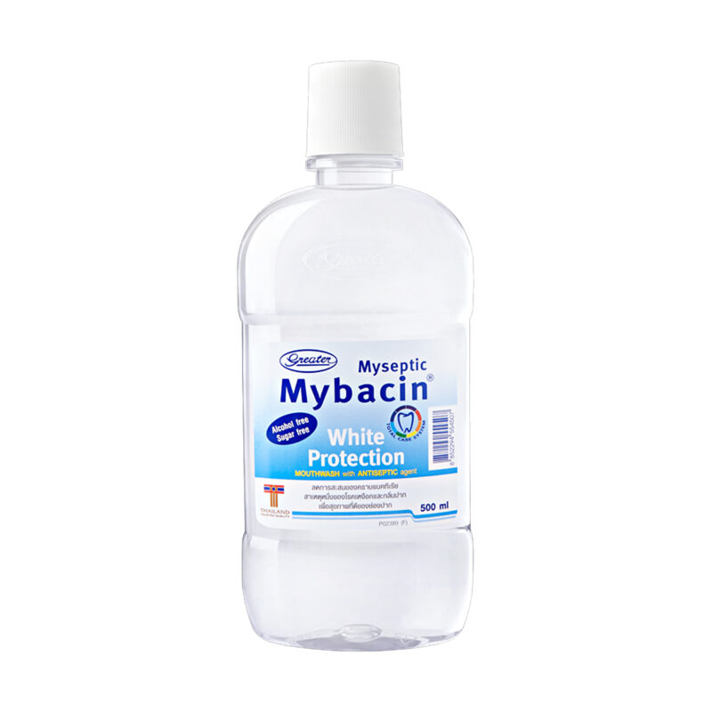 น้ำยาบ้วนปาก-มายบาซิน-เหมาะกับคนจัดฟัน-สูตรไวท์โพรเทคชั่น-500-มล-mybacin-mouthwash-greater-เกร๊ทเตอร์ฟาร์ม่า-1-ขวด