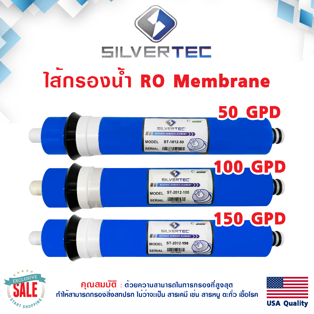ไส้กรองเมมเบรน RO เมมเบรน Membrane 50 100 150 GPD Silvertec เครื่องกรอง ...