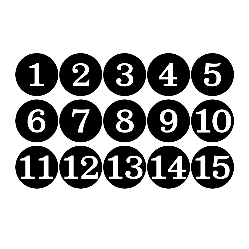 sticker-สติกเกอร์-สติ้กเกอร์กันน้้ำ-ติดประตู-ผนัง-กำแพง-ป้ายตัวเลข-1-15-พื้นดำเลขขาว-1-a4-ได้รับ-15-ดวง-รหัส-h-011