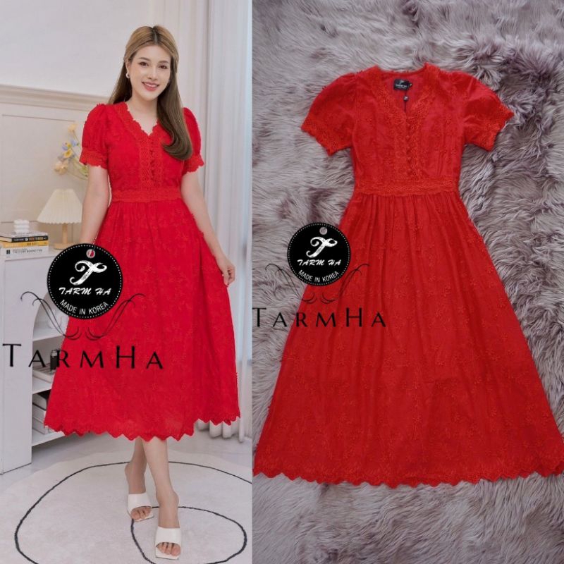 3dชุดสีแดงรับตรุษจีน-s-6xl-dress-เดรสสีแดงปักดอกไม้3มิติแขนพอง-งานป้าย-tarm-ha