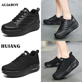 HUIANG รองเท้าผ้าใบผู้หญิงสีดำ รองเท้าเพื่อสุขภาพ น้ำหนักเบา สวมใส่ได้ทุกวัน พื้นสูง 5 ซม. ไซส์ 35-40
