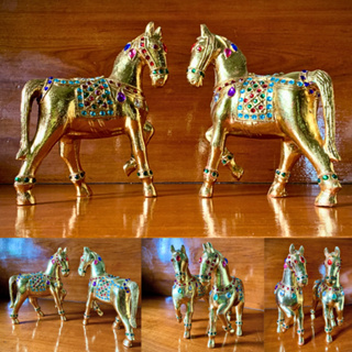ม้าคู่ (1 คู่) ม้าไม้แกะสลัก ม้าไม้ ม้ามงคล 7"x10" ม้าทอง ไม้แกะสลัก ติดกระจก ปิดทอง มงคล ไม้จามจุรี งานไม้ เสริมมงคล