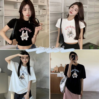 Beryl🌻เสื้อท่อนบน🍒สไตล์สาวฮอต  พิมพ์ตัวอักษร สะดือสั้นแขนสั้นเสื้อยืดสำหรับผู้หญิง