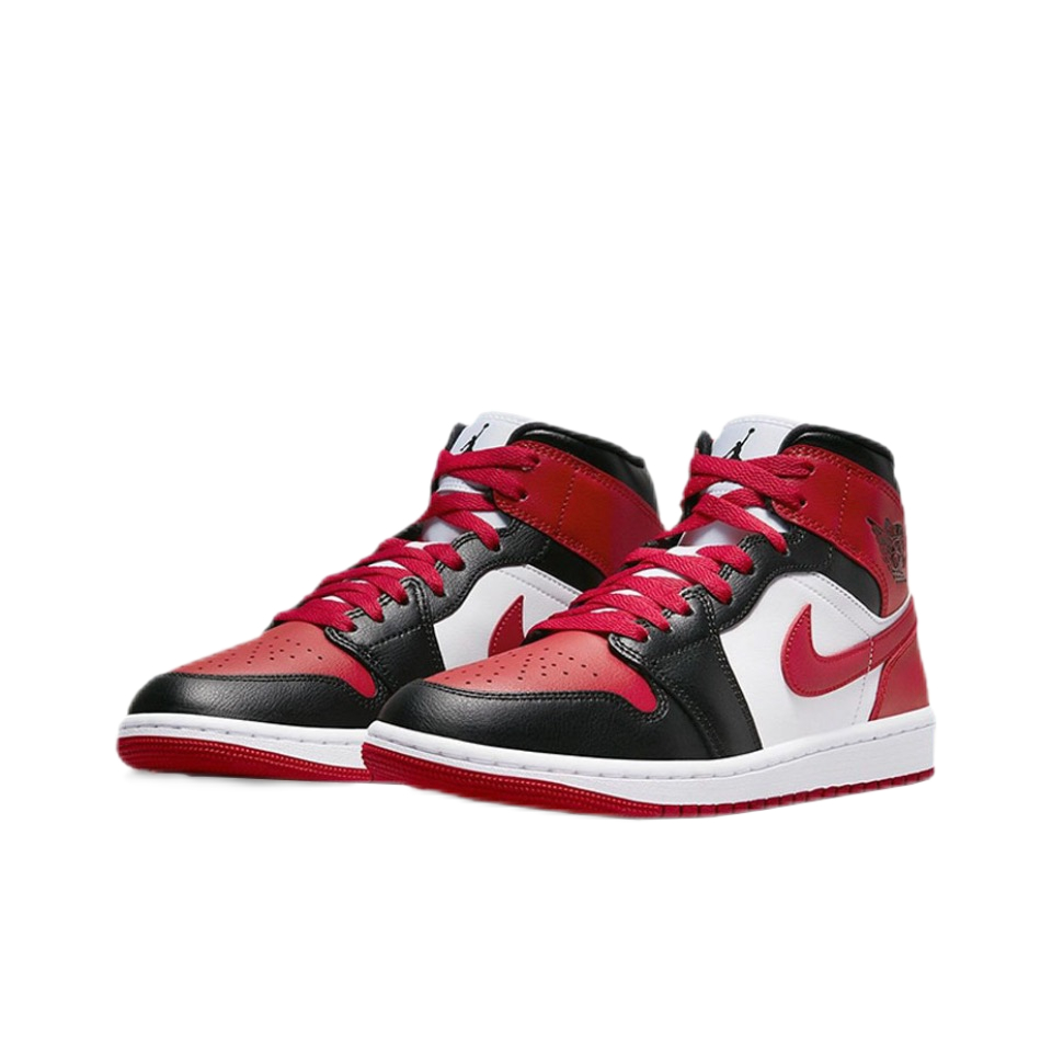 รองเท้าบาสเก็ตบอล-air-jordan-1-mid-bred-toe-ของแท้-100-รองเท้าบาสเก็ตบอลเรโทรขนาดกลางสีดำและสีแดง