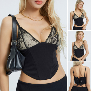 ผู้หญิง Corset Camisole ลูกไม้ Splice ตัดเสื้อแขนกุดฤดูร้อนเสื้อกั๊กสำหรับถนน Clubwear