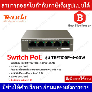 Tenda Switch PoE รุ่น TEF1105P-4-63W พอร์ตแลน 1 ช่อง 10/100 Mbps + 4 PoE (AF,AT)