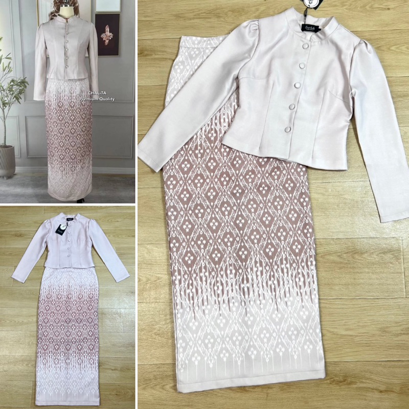 ชุดไทยจิตรลดาสีครีม ลายขอ ทรงสวยผ้าดี พร้อมส่ง ไซส์ S-4XL มุมมองที่ 3