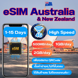 eSIM Australia New Zealand SIM  ซิมออสเตรเลีย ซิมนิวซีแลนด์ เน็ต 4G เต็มสปีด วันละ 500MB/1/2GB ใช้งานได้ 1 ถึง 15 วัน