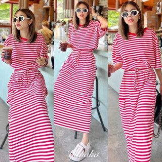 Striped Skirt Style Set  เซทเสื้อคอกลมแขนสั้น ดีเทลใส่เชือกรูดเอวได้ ทรง oversize เข้าเซทมากับกระโปรงทรงเอ