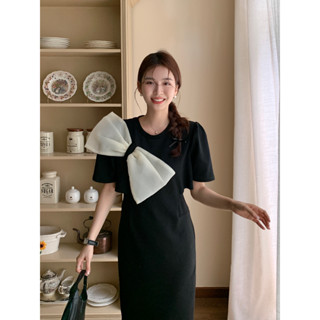 CHAWY Black bow dress 🍩🌷 C4090 เดรสยาวทำงาน เดรสยาว