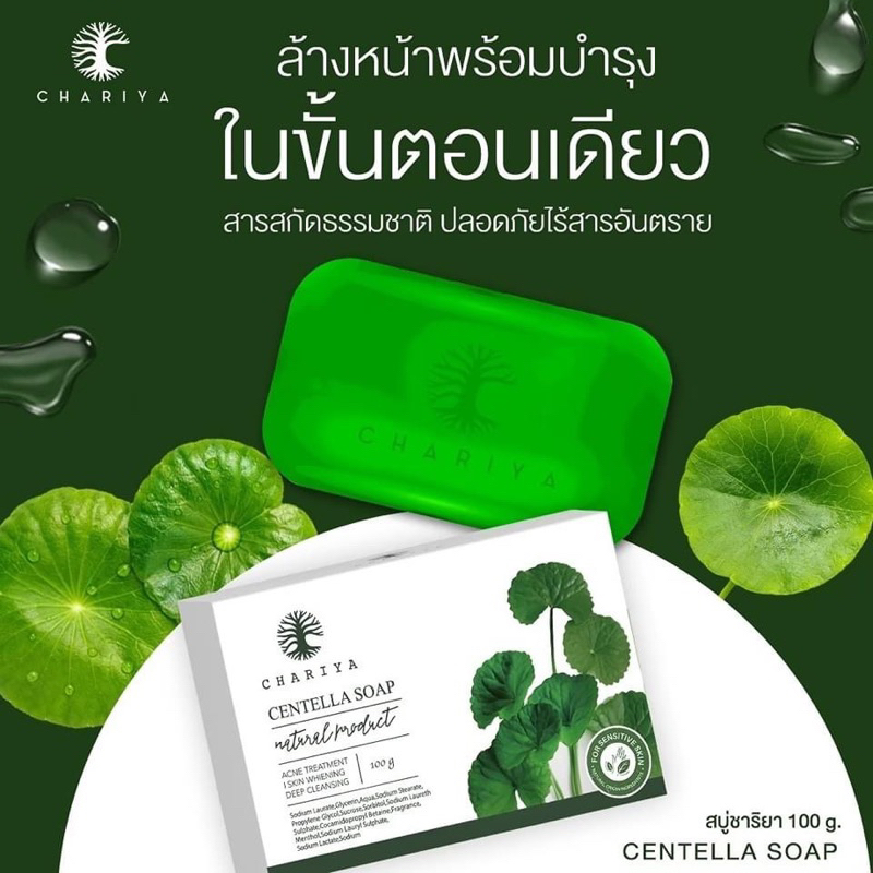 สบู่ชาริยา-1แถม1-สบู่ก้อนใหญ่-ฟรี-ถุงตีฟอง-สบู่ใบบัวบกชาริยา-ชาริยา-chariya-centella-soap-สบู่ลดสิว