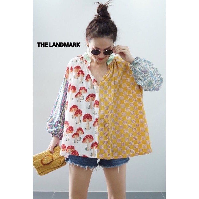 ทักก่อนสั่ง-เสื้อคอวีหน้า-ผ้าบล็อคcottonอินเดีย-แขนยาว-oversize-อก64-thelandmark