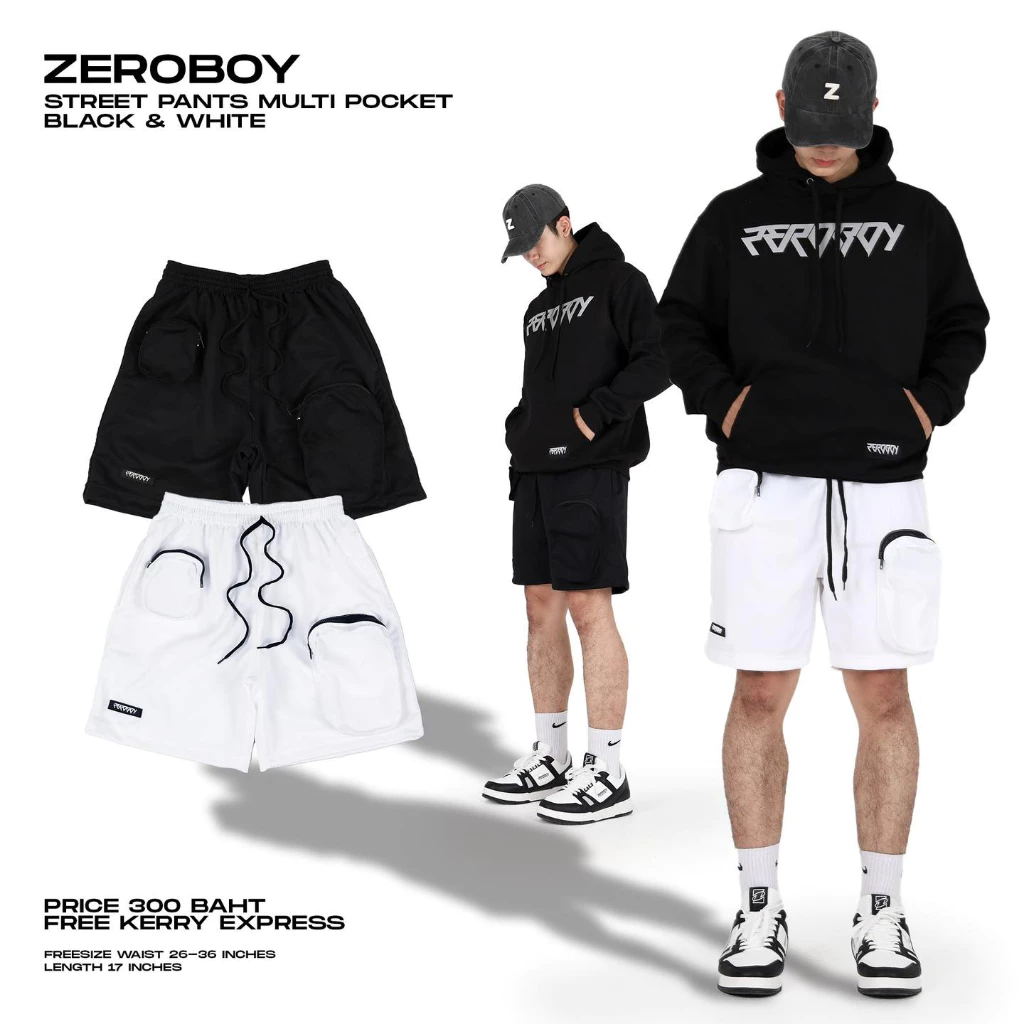 ZEROBOY - กางเกงวอร์มขาสั้น กระเป๋ากล่องหน้า สีดำ สีขาว