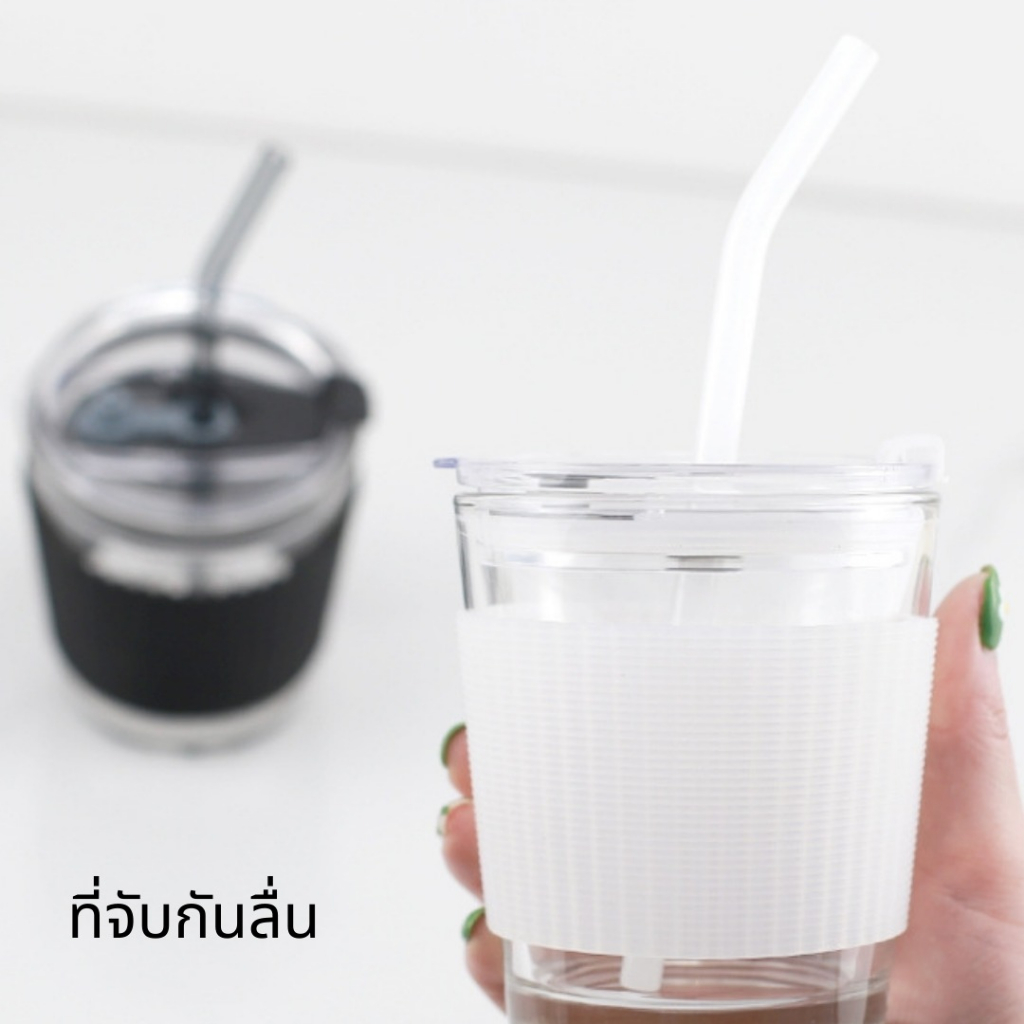 สต็อกใหม่-แก้วมัคท่องเที่ยวสีดำ-ขาวพร้อมฝาฟางกาแฟพกพาทนความร้อน-glass-water-cup