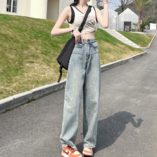กางเกงยีนส์สตรีสไตล์เกาหลีฤดูร้อนใหม่ทุกคู่เอวสูงตรงกางเกงขากว้าง
