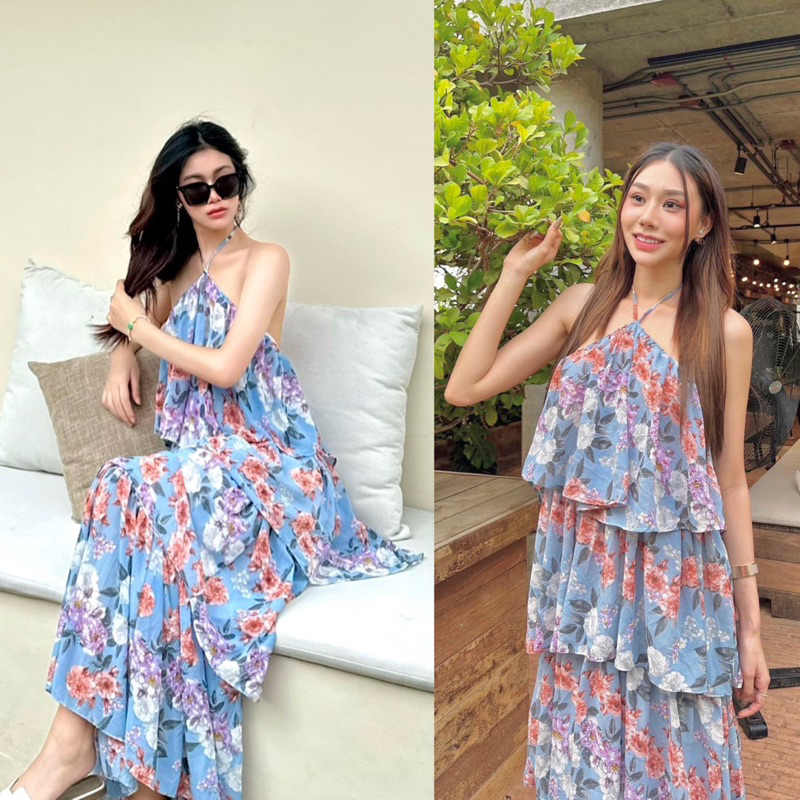 high-neck lace panel tiered maxi dress – MOHSEN main image 0