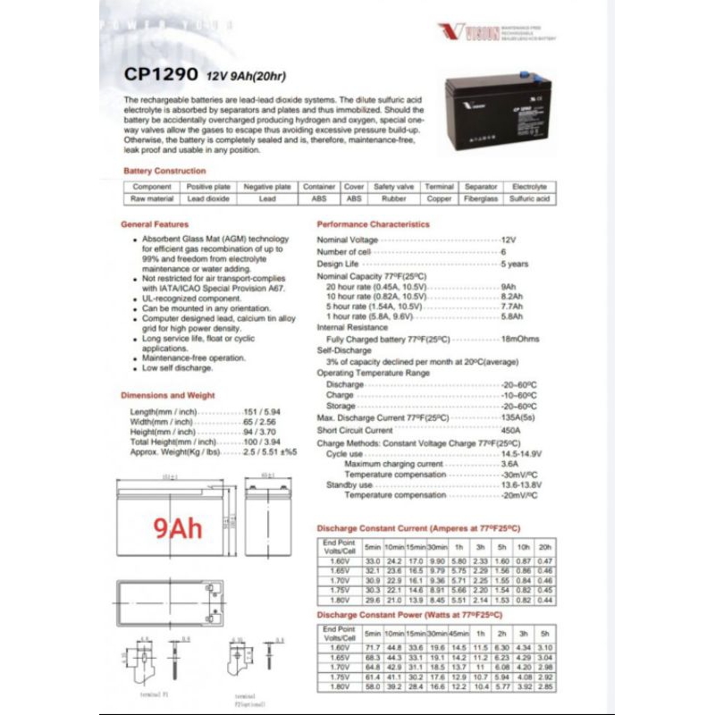 แบตเตอรี่แห้ง-12v9ahเครื่องสำรองไฟ-ups-ไฟฉุกเฉิน-vision-12โวลท์-9แอมป์