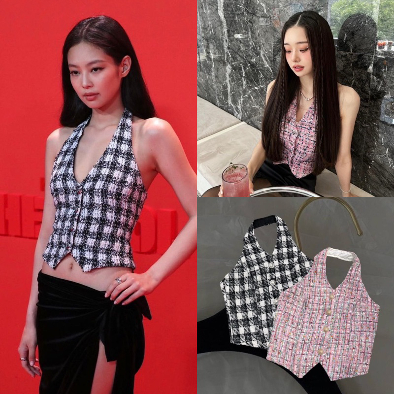 tweed-halter-top-450ฟรีส่ง-เสื้อ-top-คล้องคอผ้าทวีต-สไตล์-jennie-ทรงสวยดูแพงสุดๆ-ผ้าเนื้อดี