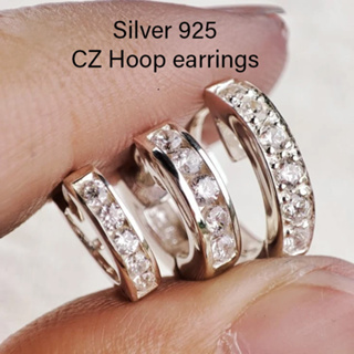 ต่างหูห่วงเงินแท้ 92.5% - ต่างหูเพชร CZ Cubic Zirconia Hoop earrings เป็นแบบคลิกล็อค ใส่ง่าย งานไทย