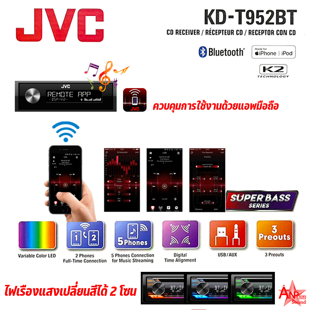 jvc-รุ่น-kd-t952bt-วิทยุรถยนต์-1din-เล่นแผ่น-cd-mp3-บลูทูธ-usb-aux-fm-preout-3-ชุด-front-rear-sub