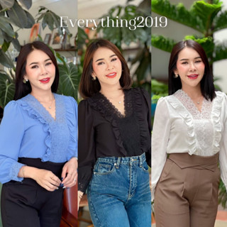 Everything2019 🌈(6169) เสื้ออกระบายลูกไม้แขนยาว สีพื้น เสื้อทำงานผู้หญิง