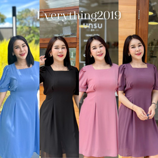 Everything2019 ⭐ (637-1) เดรสคอเหลี่ยมสั้นสีพื้นผูกโบว์ ใส่ทำงานเก๋ๆไม่ซ้ำใคร