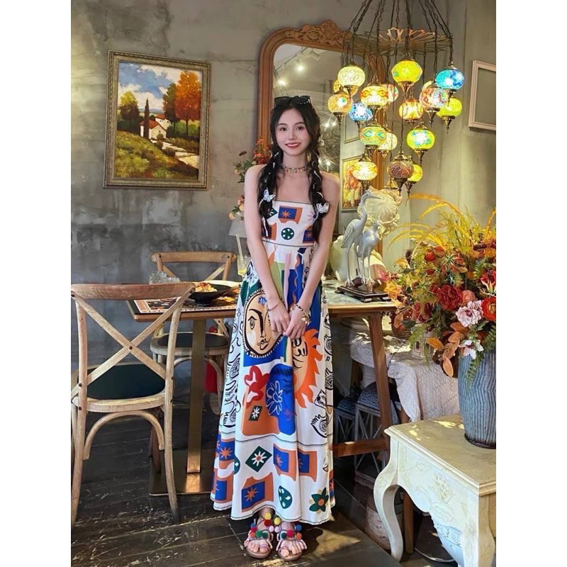 เดรสยาวสายเดี่ยวทรงสวย-ใส่เที่ยวคาเฟ่สุดเริ่ด-เหมาะกับใส่เที่ยวใส่ลำลอง-คาเฟ่