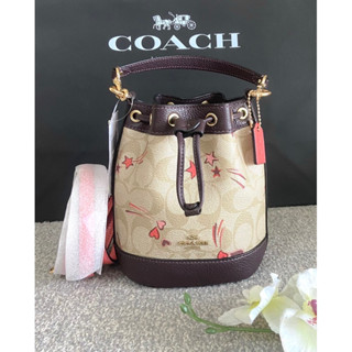 💚แท้💯 พร้อมส่ง💚 COACH CK524 MINI DEMPSEY BUCKET BAG IN SIGNATURE CANVAS WITH HEART AND STAR PRINT