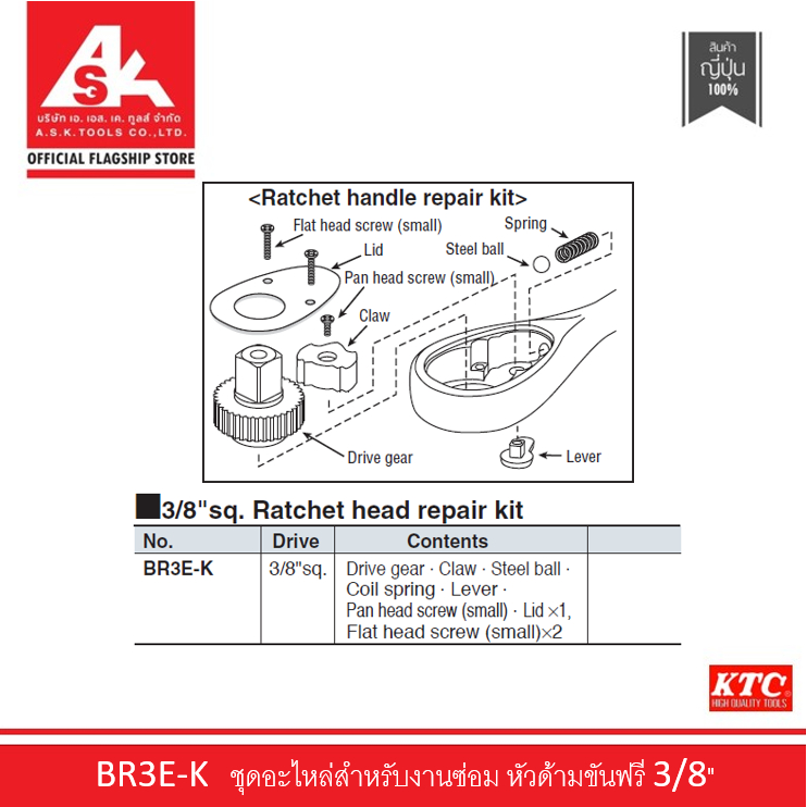 ktc-repair-kit-ชุดหัวด้ามขันฟรี-3-8-ชุดอะไหล่งานซ่อม-รหัสสินค้า-br3e-k