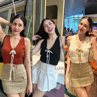 crop..shop เสื้อกล้ามไหมพรมงานสวยมาก เพิ่มความน่ารักด้วยโบ์หน้า เซ็กซี่สไตล์คุณหนู งานผ้าดีใส่สบาย ราคาดีเวอร์