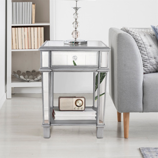 โต๊ะข้างเตียงกระจก Mirrored Nightstands Modern Bedside Table 1 Drawer Glass Side End Table Silver Dresser for Bedroom