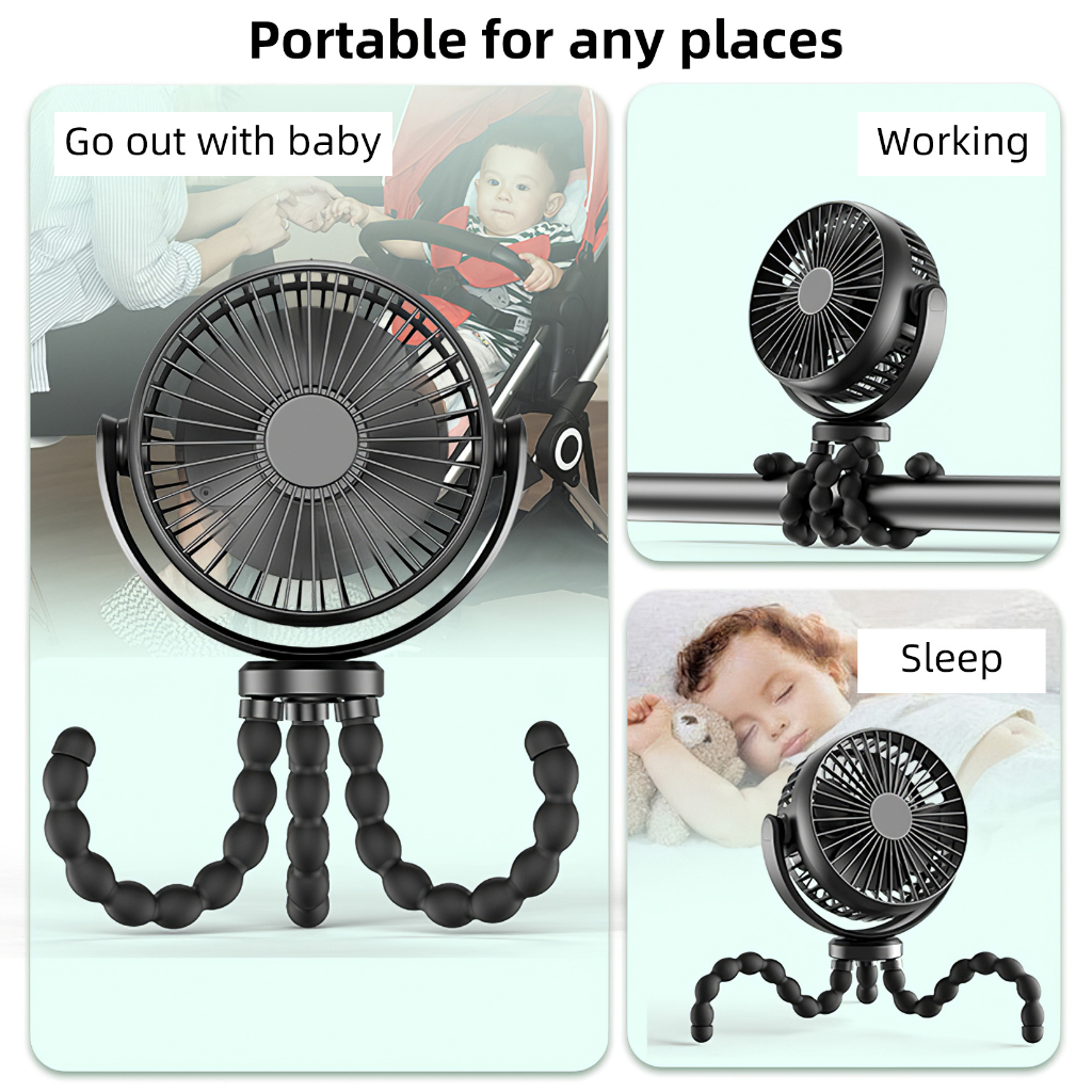 พัดลม-usb-แบบยืดหยุ่น-octopus-clip-on-mini-fan-led-พัดลมมือถือสำหรับรถเข็นเด็ก-พัดลมมือถือ-พัดลมติดรถเข็น-5200mah