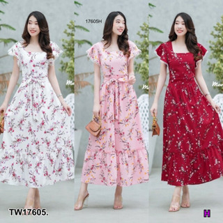 TW17605 Maxi dress คอเหลี่ยมแขนระบายแต่ง