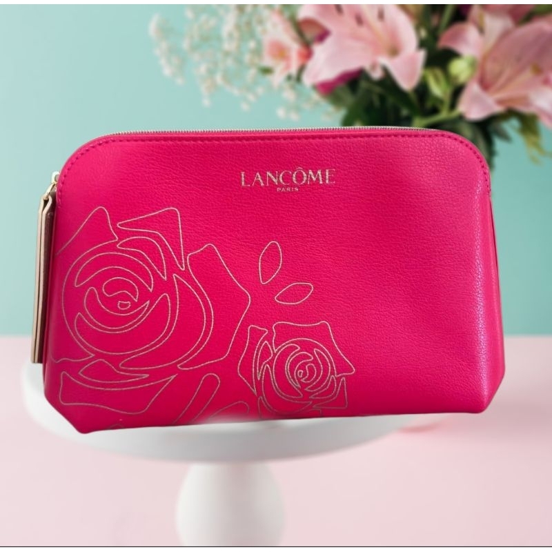 พร้อมส่งสินค้าแท้-100-กระเป๋าใส่เครื่องสำอางค์ลังโคม-หนัง-puสีชมพูเข้ม-ลายดอกไม้สีทอง-กระเป๋าอเนกประสงค์