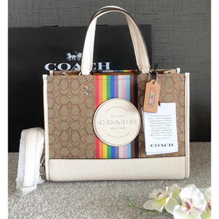 💚แท้💯 พร้อมส่ง💚 COACH CJ578 Dempsey Carryall In Signature Jacquard With Rainbow Stripe And Coach Patch