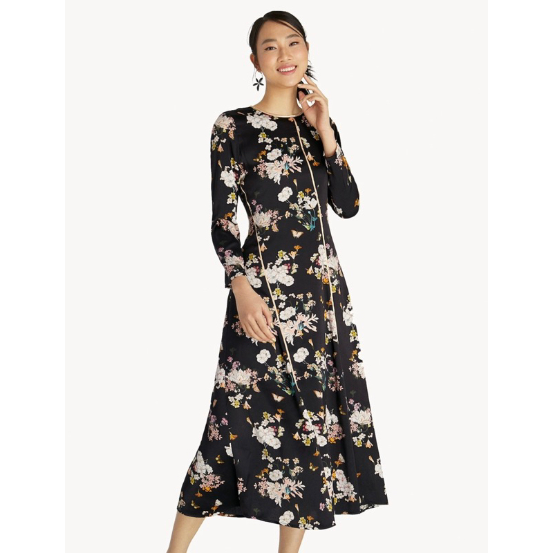 เดรสยาว pomelo maxi contrast piping floral flared dress Shopee Thailand