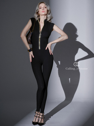 CALLING_COSTUME จั้มสูทแขนกุดผ้ายืด เก็บทรงดี ไม่บาง แต่งซิปใหญ่สีทองด้านหน้า Jumpsuit (CL165)