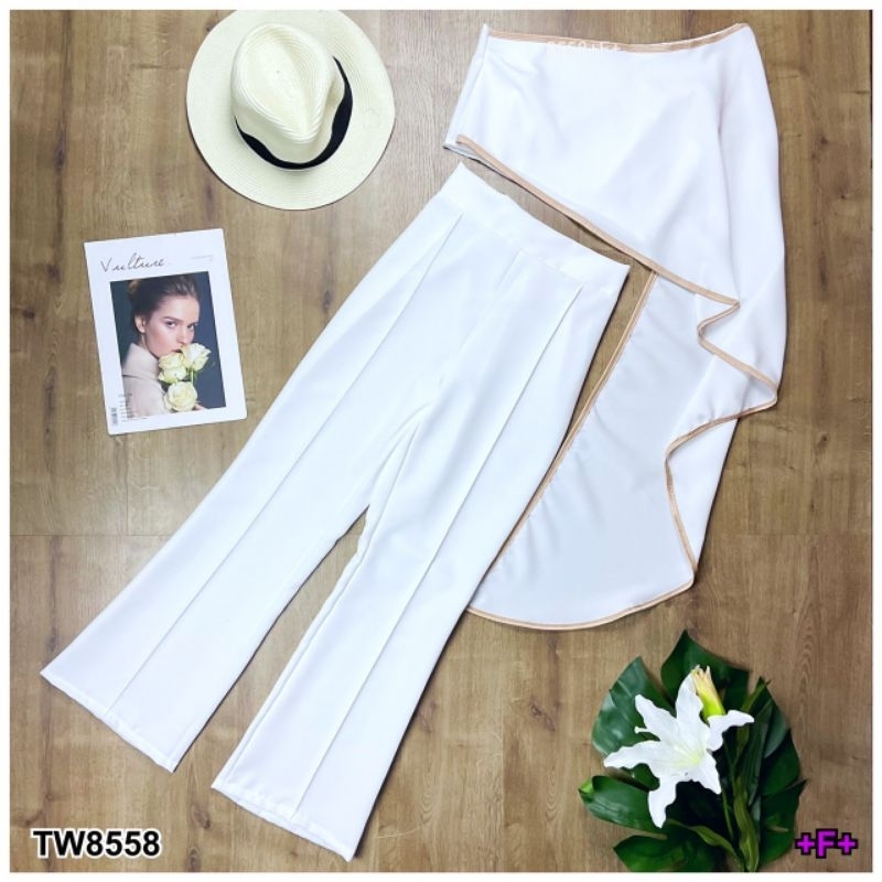 tw8558set-2-ชิ้น-เสื้อทรงสไบ-แต่งกุ้นขอบ-งานผ้าโฟร์เวย์-มาคูกับกางเกงขายาวสีพื้นขาว-งานผ้าซาร่า-set-นี้ใส่แล้วดูดีมาก