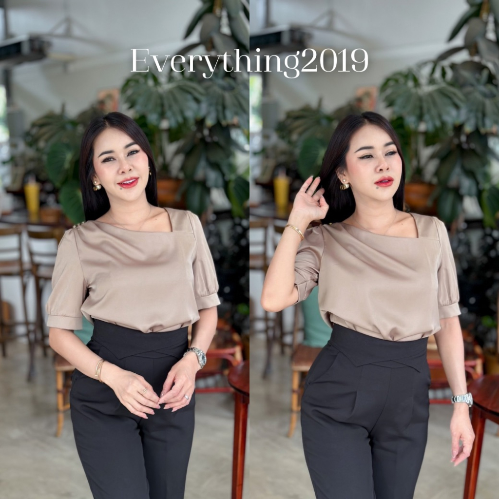 everything2019-1925-เสื้อคอเฉียงแขนสั้นดีไซน์เก๋-ไม่ซ้ำใคร-ผ้าซาติน-ใส่ทำงานสบายๆ