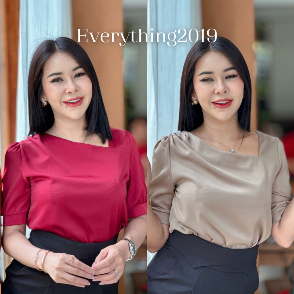 everything2019-1925-เสื้อคอเฉียงแขนสั้นดีไซน์เก๋-ไม่ซ้ำใคร-ผ้าซาติน-ใส่ทำงานสบายๆ