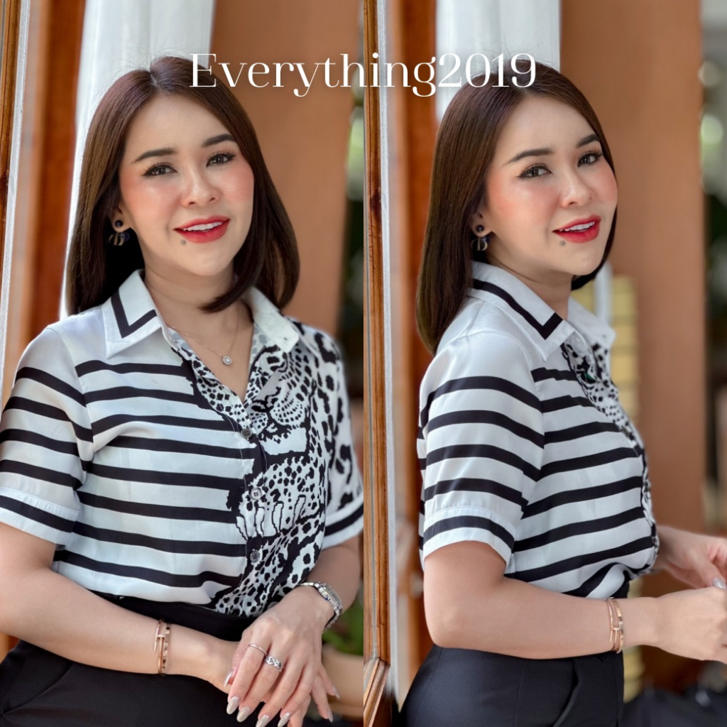 everything2019-1068-01-เสื้อเชิ๊ตคอปกแขนสั้น-ลายเสือตาเขียว-เสื้อทำงานผู้หญิง-ขายดีมาก