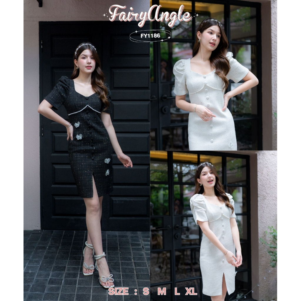 fairyangelstore-เดรสผ้าชาแนลติดผีเสื้อ-fy1186-พร้อมส่ง-เดรสทำงาน-เดรสแฟชั่น-เดรสสวย-เดรสออกงาน-เดรสน่ารัก