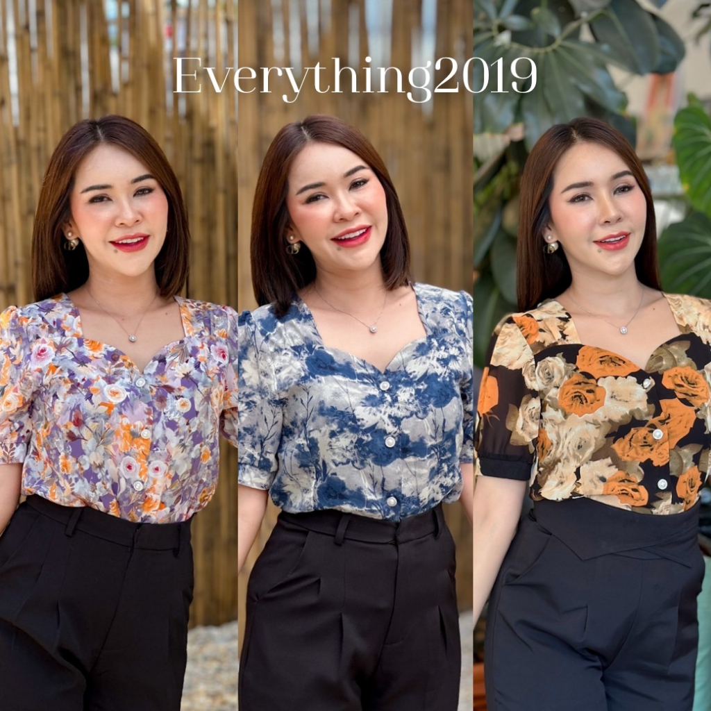 everything2019-6147-เสื้อคอหัวใจแขนตุ๊กตาแต่งกระดุมมุก-ดีไซน์ทำให้ดูผอมเพรียว