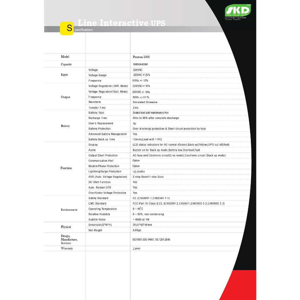 1000va-400w-ups-เครื่องสำรองไฟ-skd-protron-1000-ป้องกัน-ไฟตก-ไฟกระชาก-ถนอมเครื่องใช้ไฟฟ้า-2y
