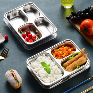 ถาดหลุมใส่อาหาร กล่องข้าวหลุม ถาดข้าวนักเรียน Stainless steel tray ทนความร้อนได้ดี พร้อมฝาปิด 3 ช่อง 4 ช่อง ALSL